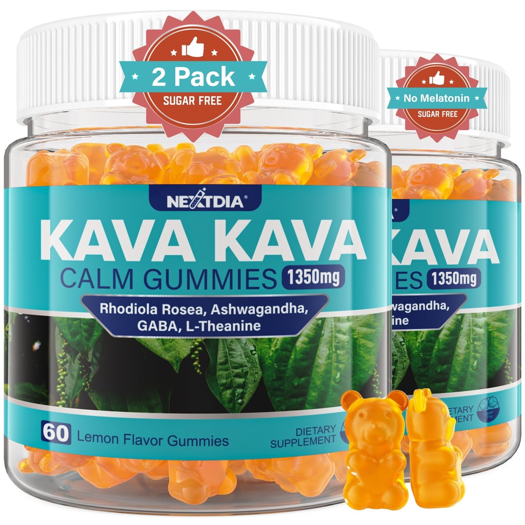 Gumiile Kava Kava, Gumiile de zahăr fără calm w/Rhodiola Rosea, Ashwagandha, L-Theanine, GABA, Melatonin-Free Kava Blend pentru relaxare, calm și concentrare - Alternative la capsulele de pulbere Kava, Vegan 120 Ct