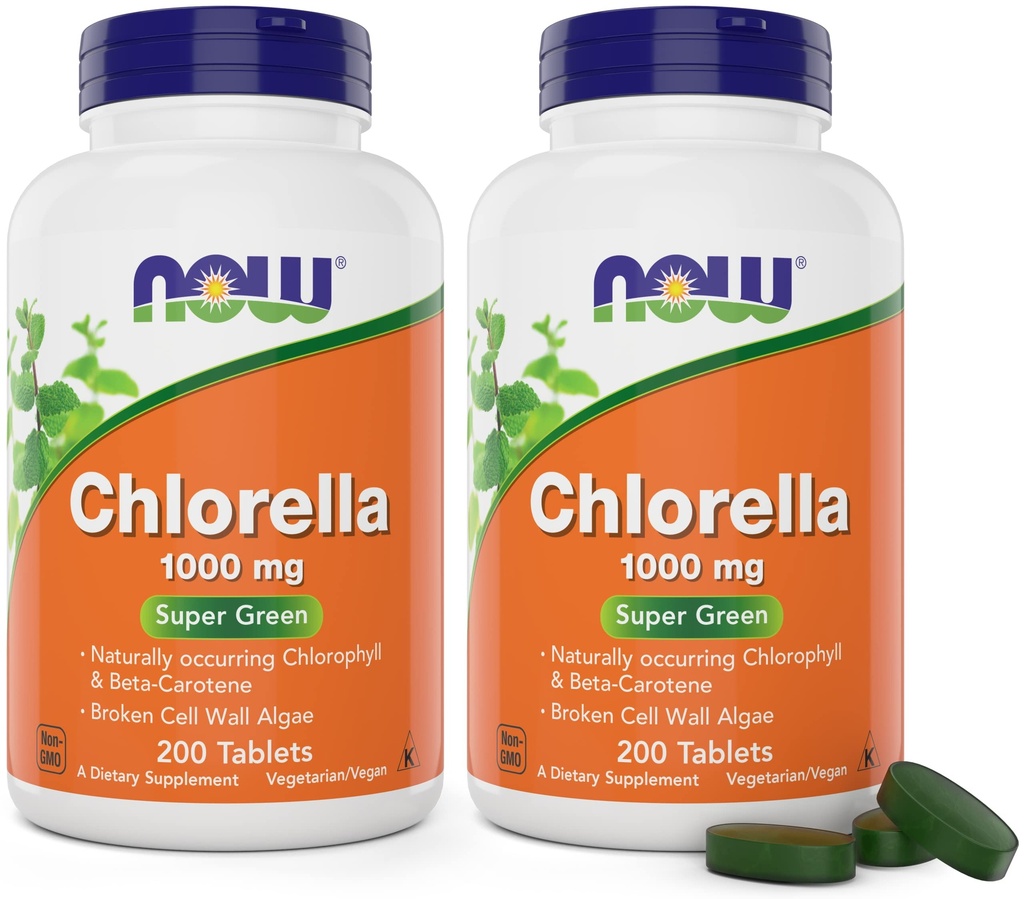 Acum Chlorella 1000mg Tablets - 200 Count (Pachetul de 2) - Clorofila naturala, Beta-Caroten - Non-GMO, Vegan - Green Super Food Supliment pentru femei și bărbați