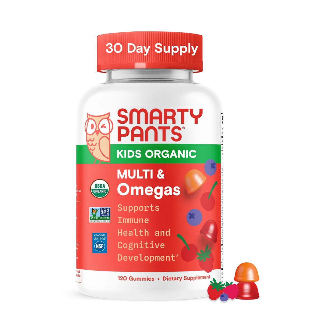 SmartyPants Organic Kids Multivitamine Gummies: Omega 3 (ALA), Vitamina D3, C, Vitamina B12, B6, A, K & Zinc pentru suport imunitar, Biotina, Vegetarian, Trei arome de fructe, 120 Conte (30 zile de aprovizionare)
