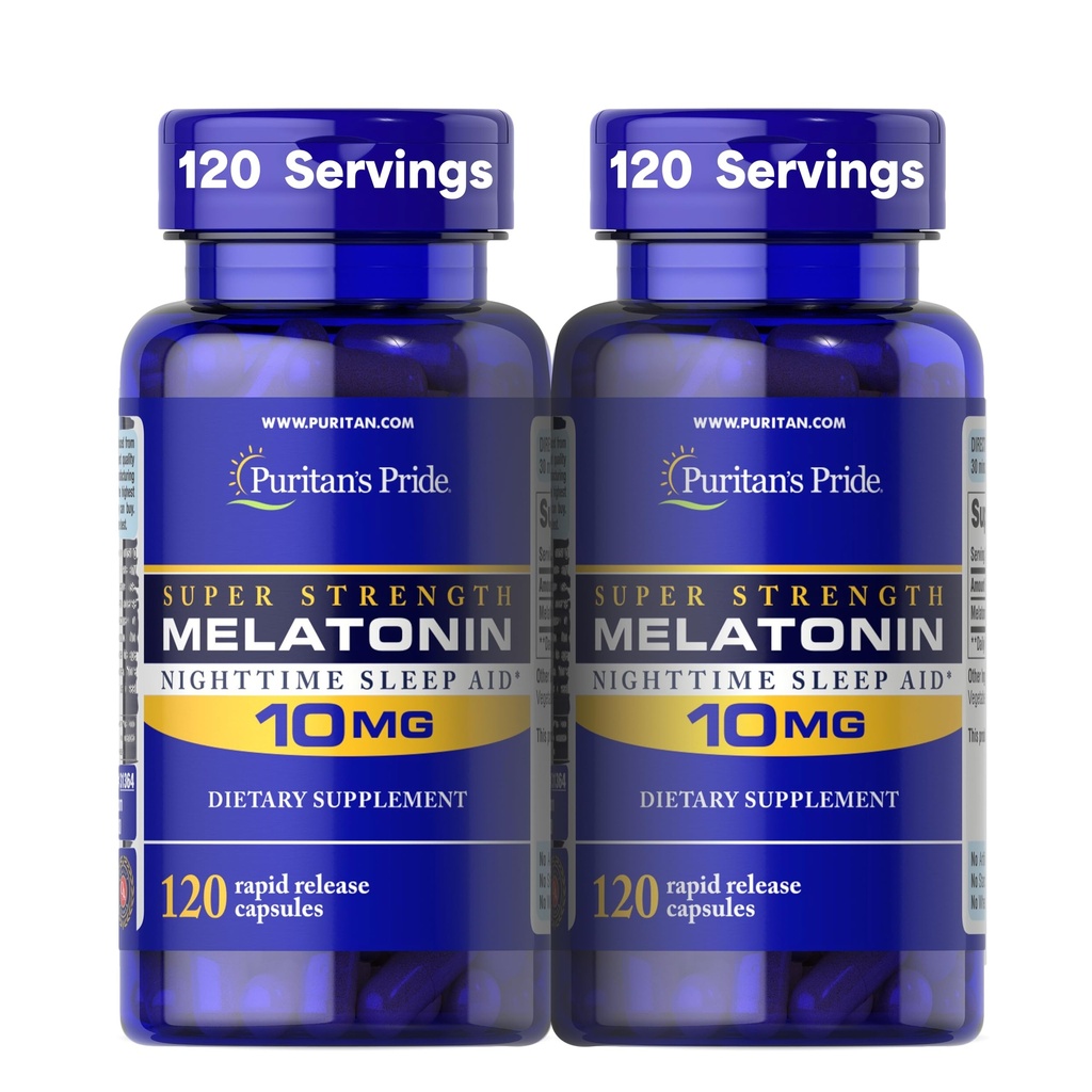 Puritan's Pride Super Force Melatonin 10mg Sleep Aid, Dietary Supplement for Sound, Restful, & Longer Sleep Support, 4 Moon Supply, 120 Rapid Release Capsule, 2 Pack (Packaging May Vary)