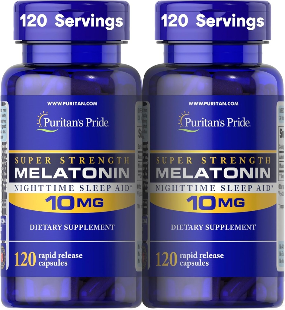 Puritan's Pride Super Force Melatonin 10mg Sleep Aid, Dietary Supplement for Sound, Restful, & Longer Sleep Support, 4 Moon Supply, 120 Rapid Release Capsule, 2 Pack (Packaging May Vary)