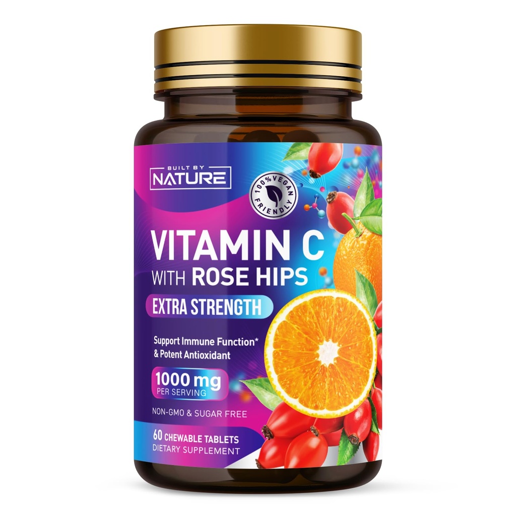 Construit de natură Chewable Vitamina C cu Rose HIPS - 1000 mg Supplement de suport imunitar - non-GMO, Gluten-Free, Vegan - puternic antioxidant pentru energie și Colagen Boost - Orange Flavor 