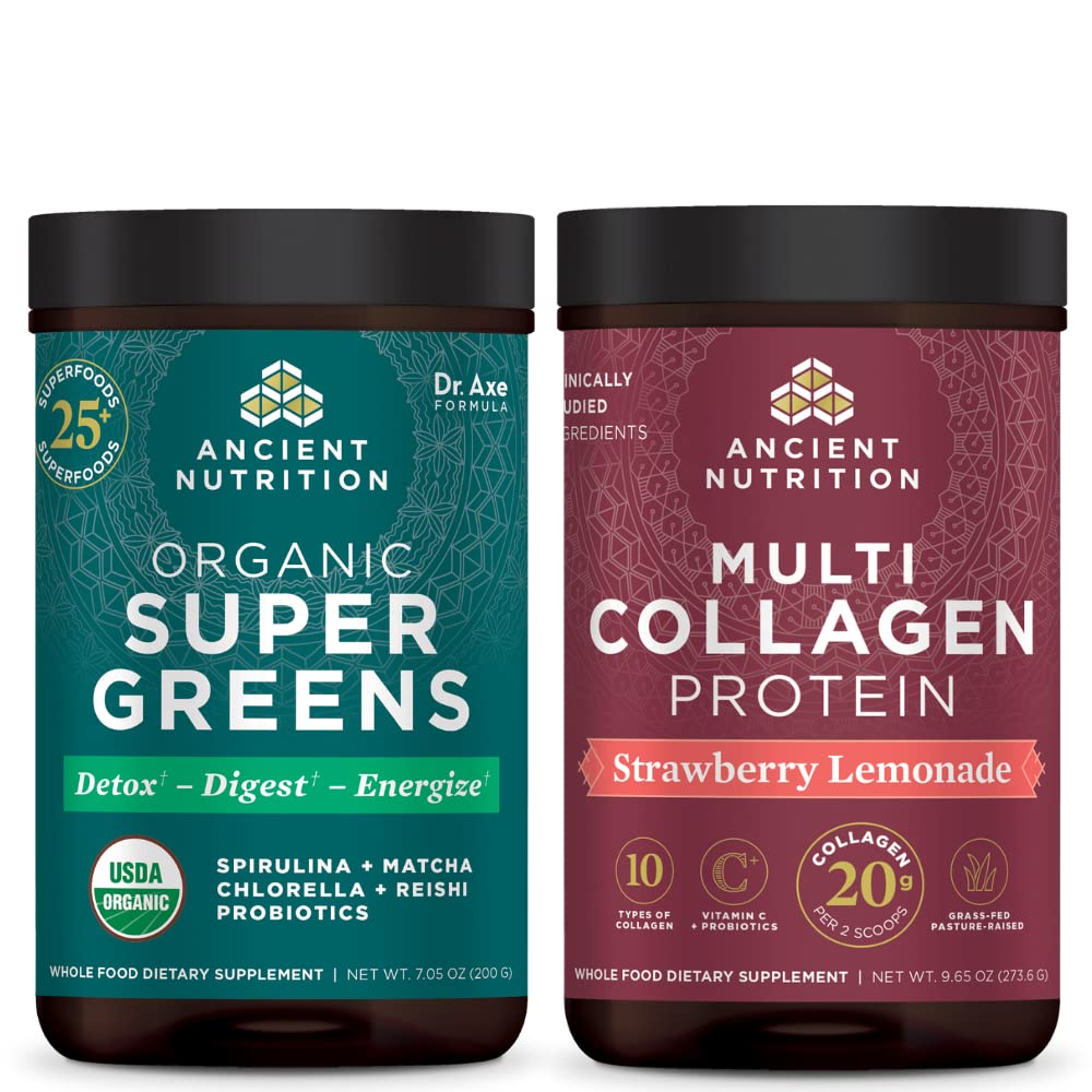 Nutriţie antică organică Supergreen Powder, verde aroma, 25 Serviri + Multi Colagen Pulbere Proteina, Căpşuni Limonadă, 24 Serviri