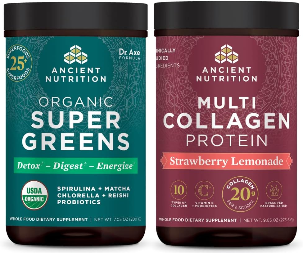 Nutriţie antică organică Supergreen Powder, verde aroma, 25 Serviri + Multi Colagen Pulbere Proteina, Căpşuni Limonadă, 24 Serviri