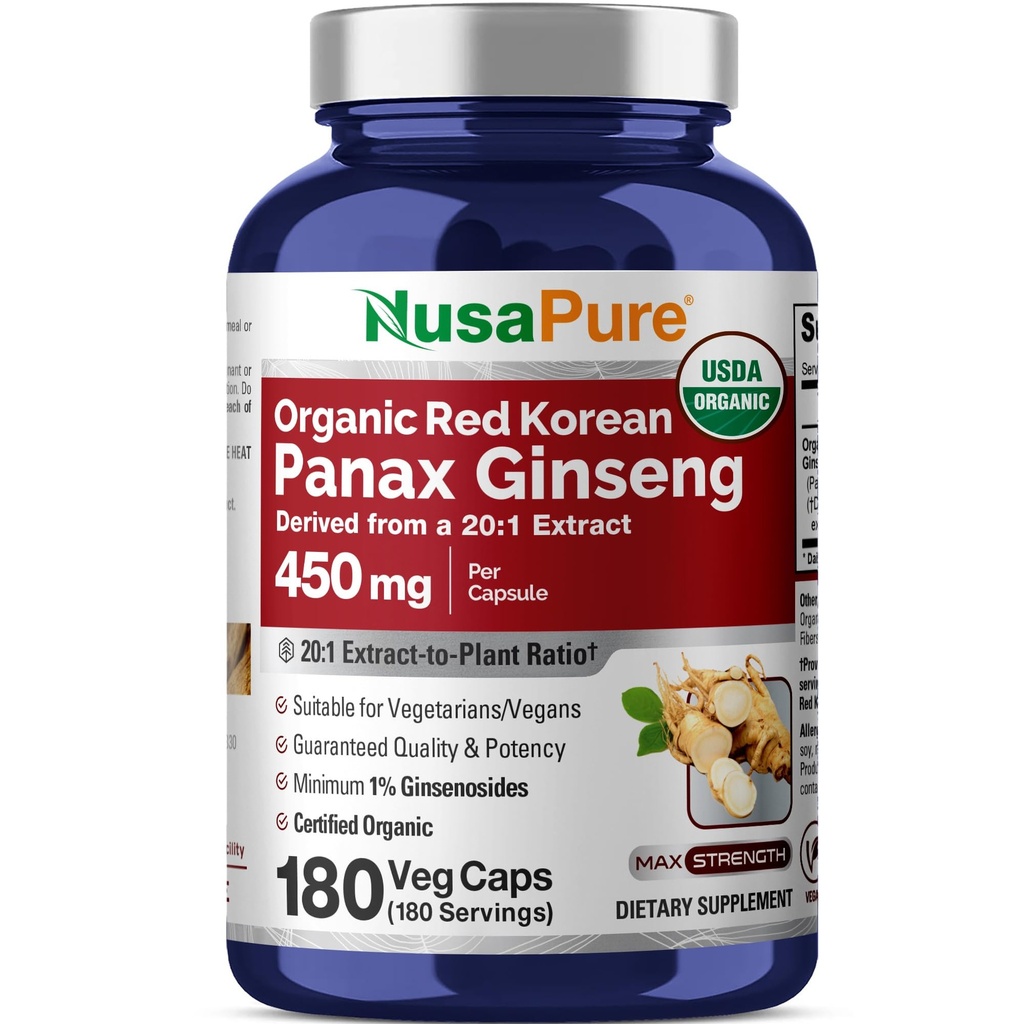 NusaPure Red Korean Panax Ginseng 20:1 Extract, 450 mg echivalent cu 9.000 mg 180 Veggie Caps (USDA Organic, Non-GMO, Vegan, Vegetarian, Bioperine)
