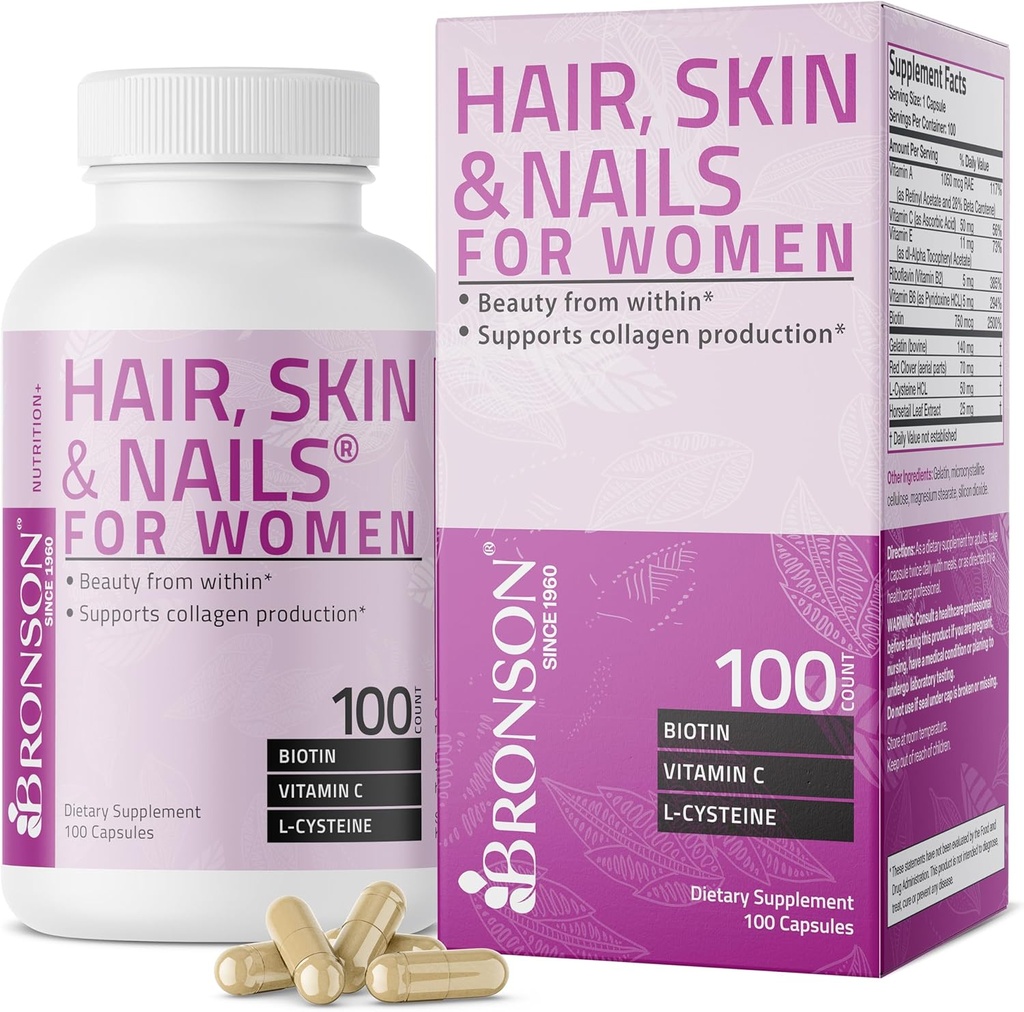 Bronson Hair, Piele & Nails cu Biotin Supliment suplimentar de vitamine pentru femei, 100 capsule