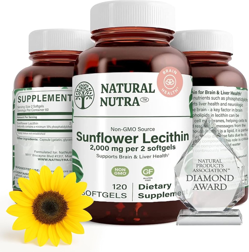 Natural Nutra Floarea-soarelui Lecitina 2000 mg Supliment, Suporte Alaptarea mamelor cu lapte Plugged Duct Relief, Ficat & Brain Booster, Soy Free, Non-GMO, Gluten-Free, 120 Softgels (3 ambalaj)
