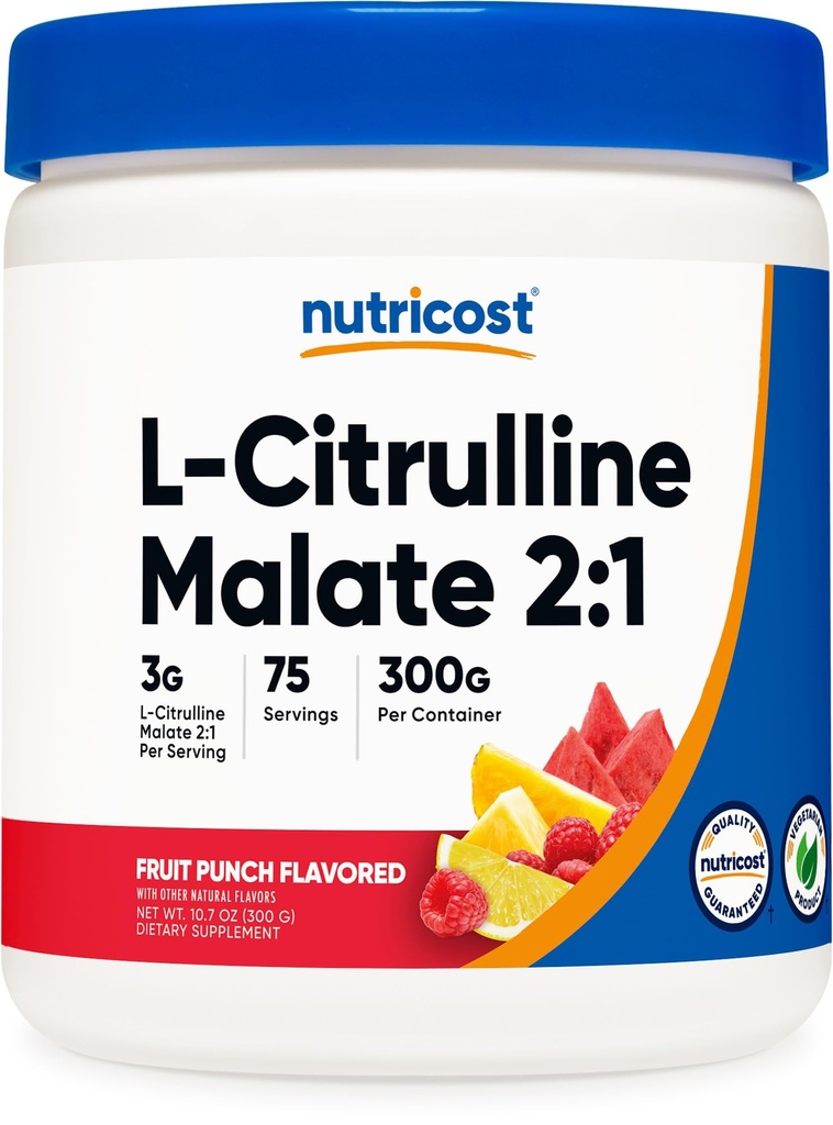 Nutricost L-Citrulline Malate 2:1 (300g) Punch de fructe - Suport de antrenament, Performanță musculară, Booster oxid de azot - Pulbere supliment de fitness, 75 Serviri