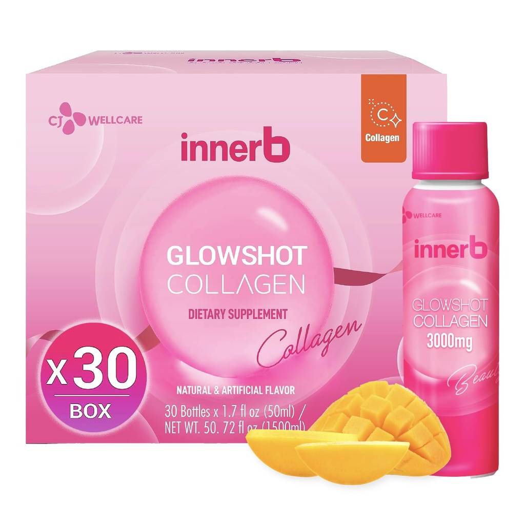 CJwellcare Innerb Glowshot Colagen (50.7 fl oz, 30 Serviri) - Colagen lichid marin pentru femei, 3000 mg Colagen Peptides, Colagen Shots pentru absorbtie mare, par, Piele si unghii Supliment