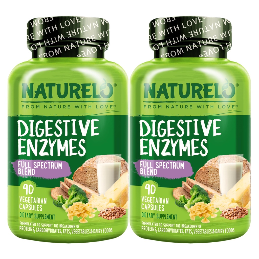 Enzime digestive NATURLO - Suport Spectrum complet cu un amestec larg de 15 enzime Plus Ginger - 90 capsule Vegane (Pachet de 2)
