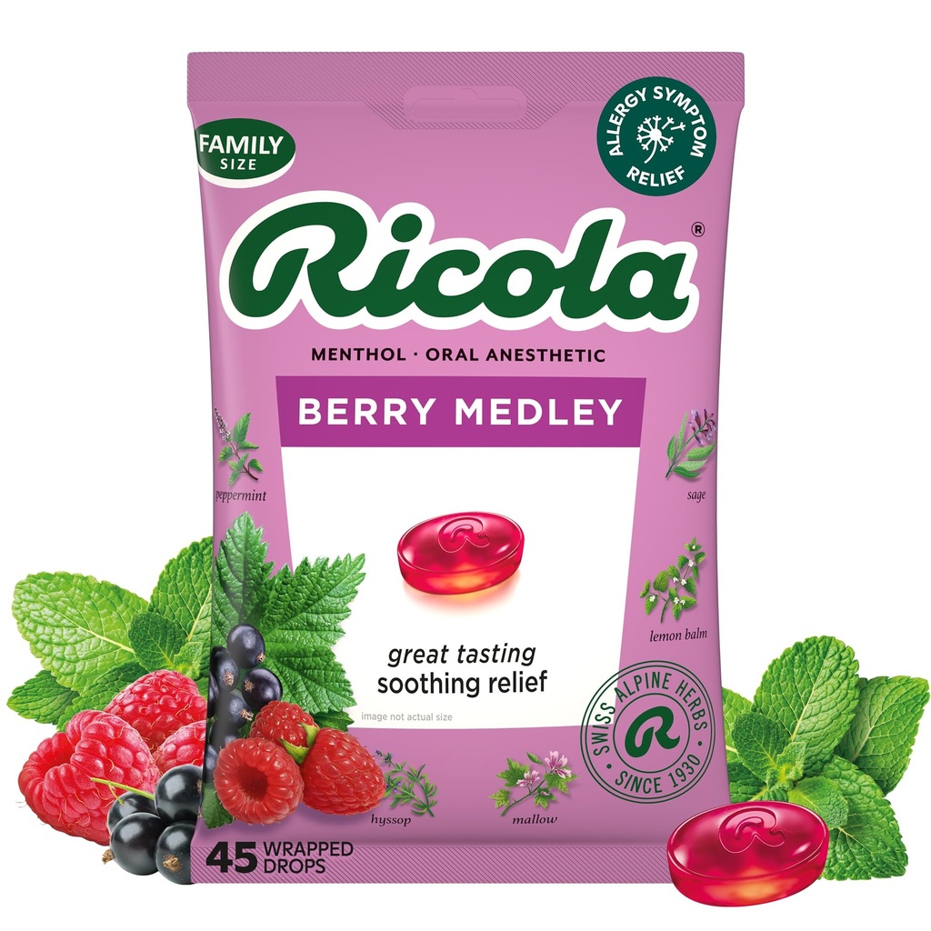 Ricola Berry Medley Ghroat Drops, 45 Count, Delicious Throat Relief & Care, Oral Anestezic, natural aromat