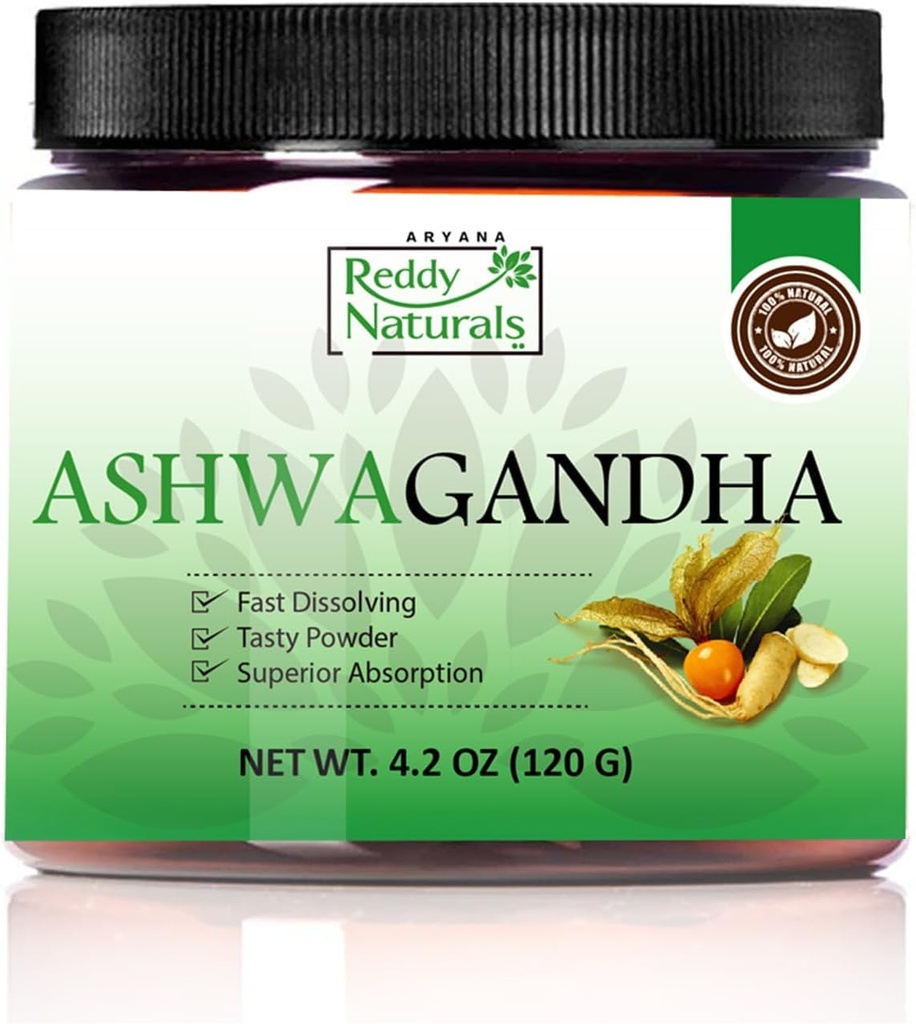 Reddy Naturals Aryana Pure Powder organic Ashwagandha - extract de rădăcină de înaltă calitate cu 10% Witanolide - Arovă naturală portocalie pentru Stress & Energy Support - 4.2 OZ (120g)