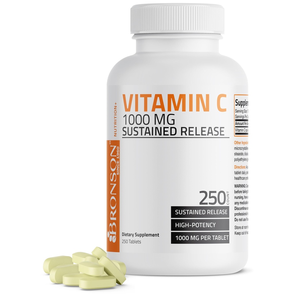 Bronson Vitamina C 1000 mg de eliberare susţinută Premium non-GMO Acid ascorbic, 250 comprimate