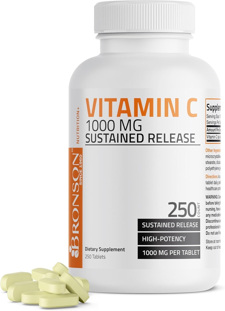 Bronson Vitamina C 1000 mg de eliberare susţinută Premium non-GMO Acid ascorbic, 250 comprimate