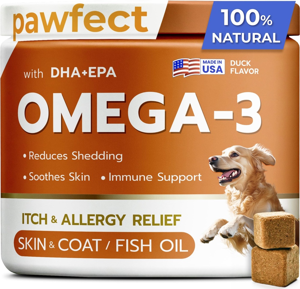 PAWFECTCHEW ulei de pește Omega 3 pentru câini - Alergie Ajutor - Sănătate comună - Mâncărime, Tocare - Piele și Coat Supliment - Maltodextrină de somon Alaska - Omega 3 6 9 - EPA & DHA Acidi grasi