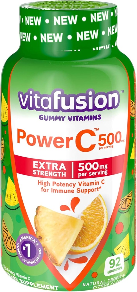 Vitafusion Vitamine de gumă masticabile de calciu și vitamina C, Aroma de fructe, 100 Count & Tropical Citrus aromatizat, 92 Conte