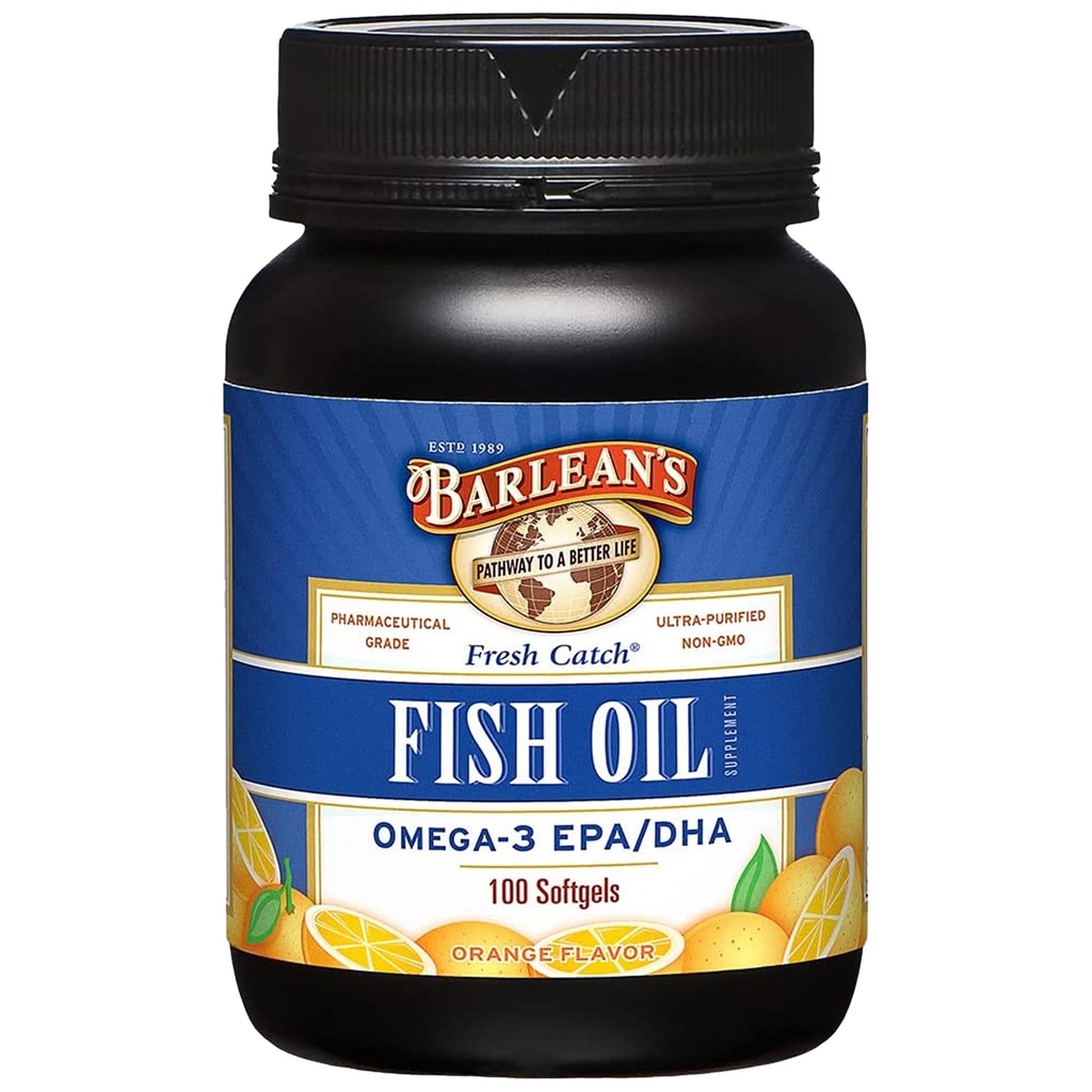 Omega Barlean 3 Suplimente de ulei de pește, Suplimente Softgels pentru bărbați și femei, 600mg EPA și DHA Acidi grasi, Orange Aroma, 100 Conte