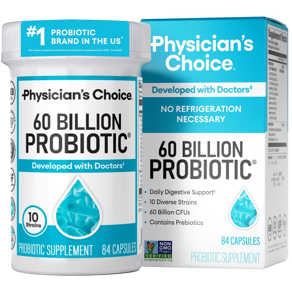 Probioticele medicului CHOICE 60 Miliarde CFU - 10 Tulpini + Prebiotice organice - Immune, Digestive & Gut Health - Susţine constipaţie ocazională, diaree, gaze şi balonare - pentru femei şi bărbaţi - 84ct