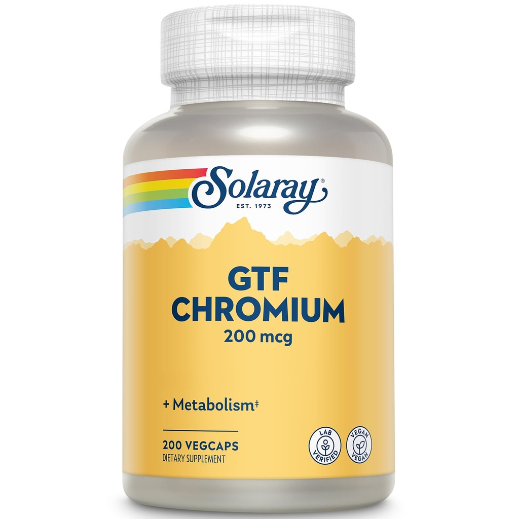 Solaray GTF Crom 200mcg - Pure Crom GTF 200 mcg Supliment, sprijină funcția metabolică și sănătatea întregului organism pentru bărbați și femei - 200 capsule Vegan
