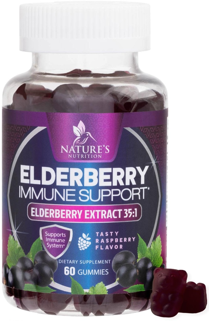 Elderberry Immune Support Gummies - Super concentrat 35:1 Extract, echivalent cu 4200 mg de Elderberberries - Sambucus Black Elder Berry Vitamina Supliment, Suport Daily pentru copii & Adulți - 60 Gummies