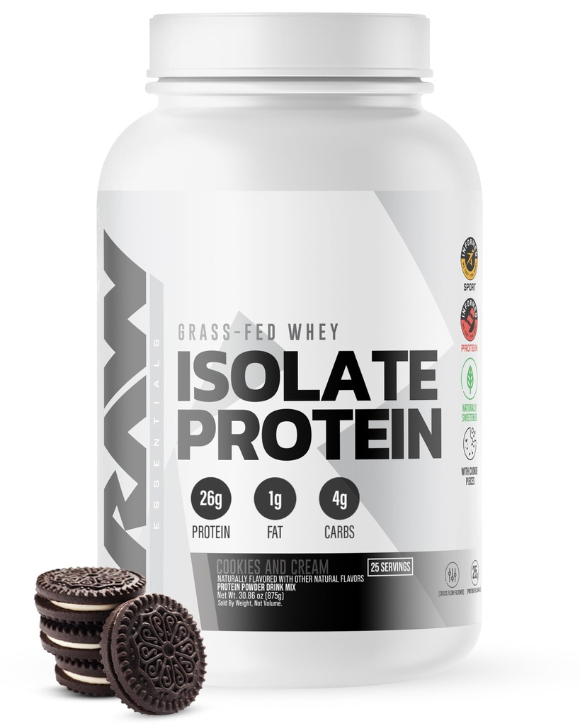 RAW Whey Izolat Pulbere de proteine, cookie-uri N Cream - 100% Grass-Fed Pudră de proteine nutritive pentru creșterea și recuperarea musculare - Fat scăzut, carbohidrat scăzut, aroma natural și îndulcit - 25 Serviri