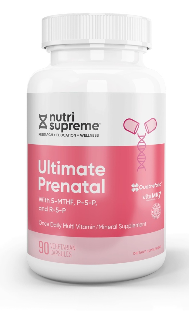 Nutri Supreme Vitamina prenatala, Suplimentul vitaminelor prenatale pentru femei cu Folat de metil foarte absorbit, One pe zi Multivitamine prenatale cu fier, Kosher, Capsule, 90 Conte