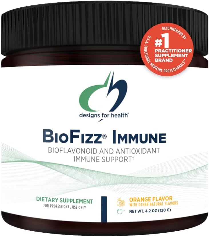 Design-uri pentru sănătate BioFizz Immune Powder - Vitamina C Drink Mix Supliment cu Bioflavonoids, Zinc, 2000 UI Vitamina D + E - Fizzy Orange Flavor + Suport antioxidant (30 Servings / 120g)