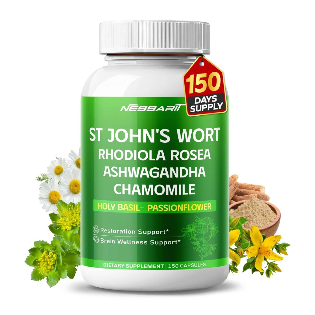 Blend natural cu Rhodiola Ashwagandha Chamomile Holy Basil L-Theanine Valerian Passionflower - 150 Conte - Made & Tested in the USA