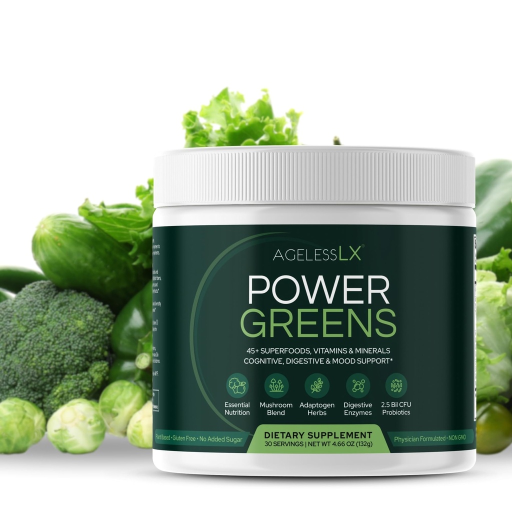 AgelessLX Power Greens, 42 Superfoods cu Probiotice, Enzime, și Prebiotic Fiber pentru Enhanced Energy, Imunity & Digestive Health, 30 Servings