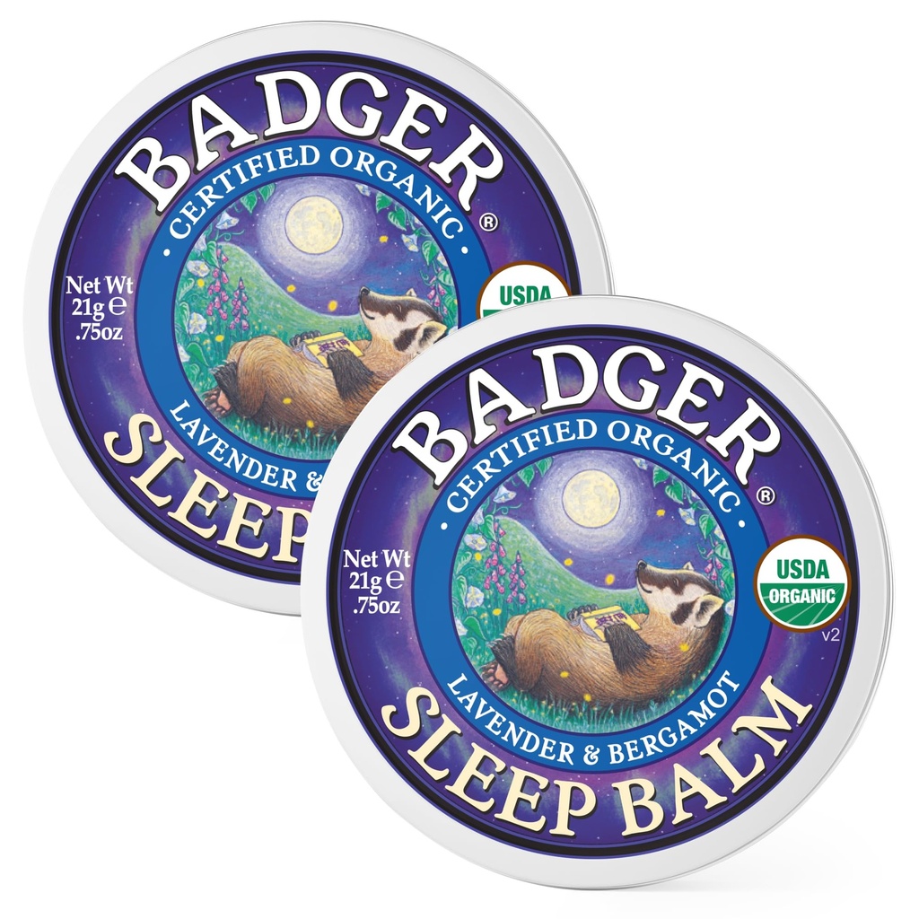 Badger Sleep Balsam, Organic Essential Oil Aromaterapie Somn natural Balsam pentru adulți și copii, Relaxare și calmare Lavender & Bergamot Suport de somn natural, .75 oz Tin, 2-Pack