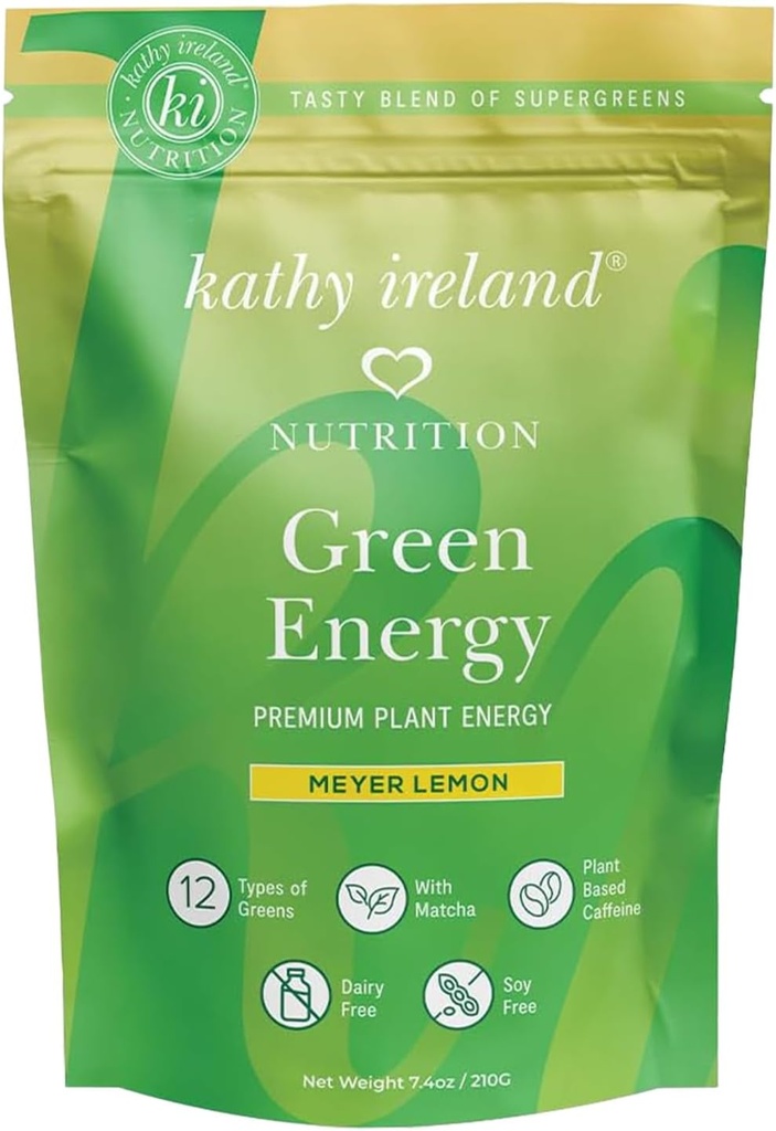Kathy Ireland Super Greens Energetic Powder, Clean Energy Drink Mix cu Matcha & Green Tea, Immune & Digestive Supplement, No Added Sugar, Meyer Lemon Flavor, 7.4 oz