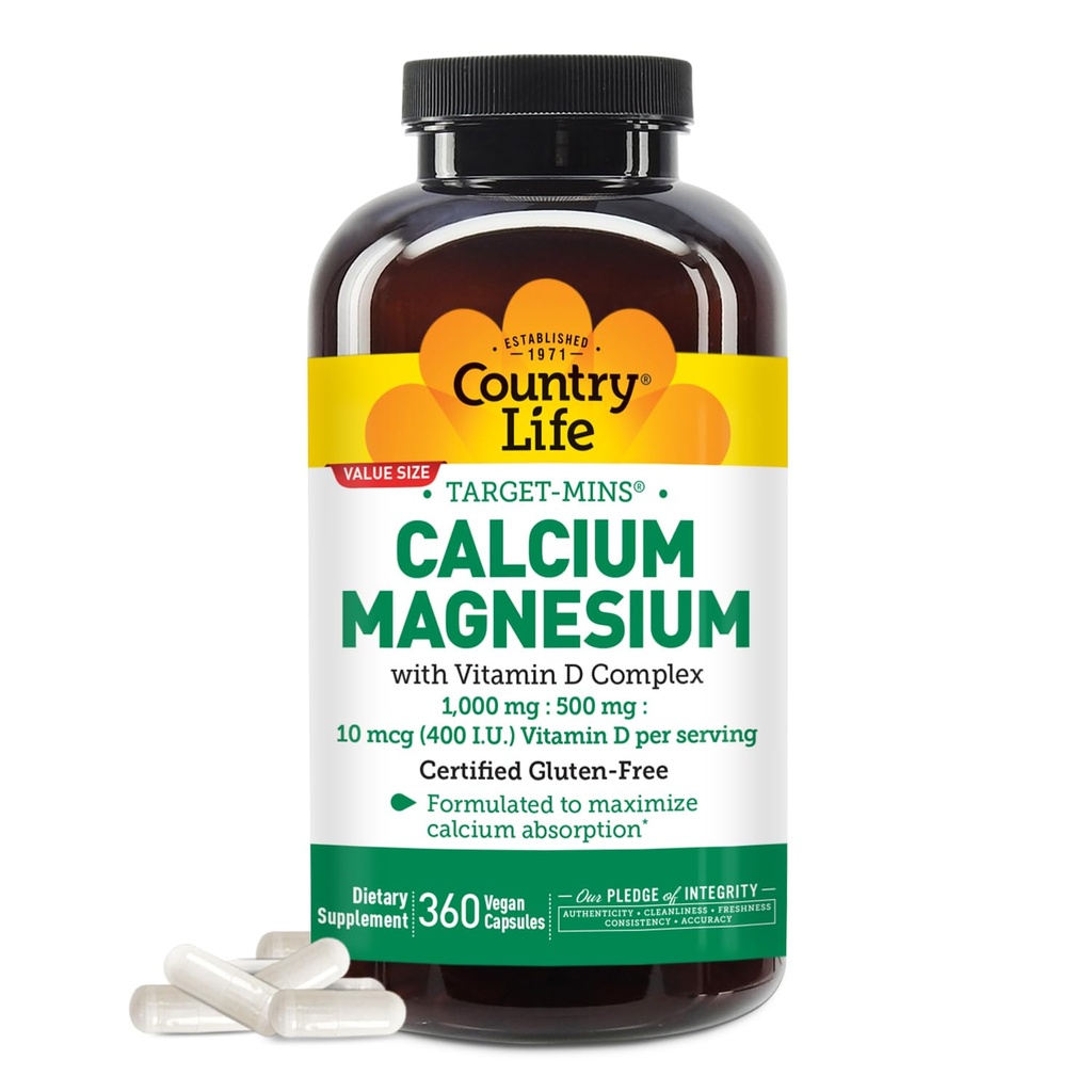 Tara Life-Mins Calciu Magneziu cu vitamina D-Complex, 1000mg/500mg/10mcg, 360 capsule Vegan, Certified Gluten gratuit, Certified Vegan, Verificat non-GMO verificate...