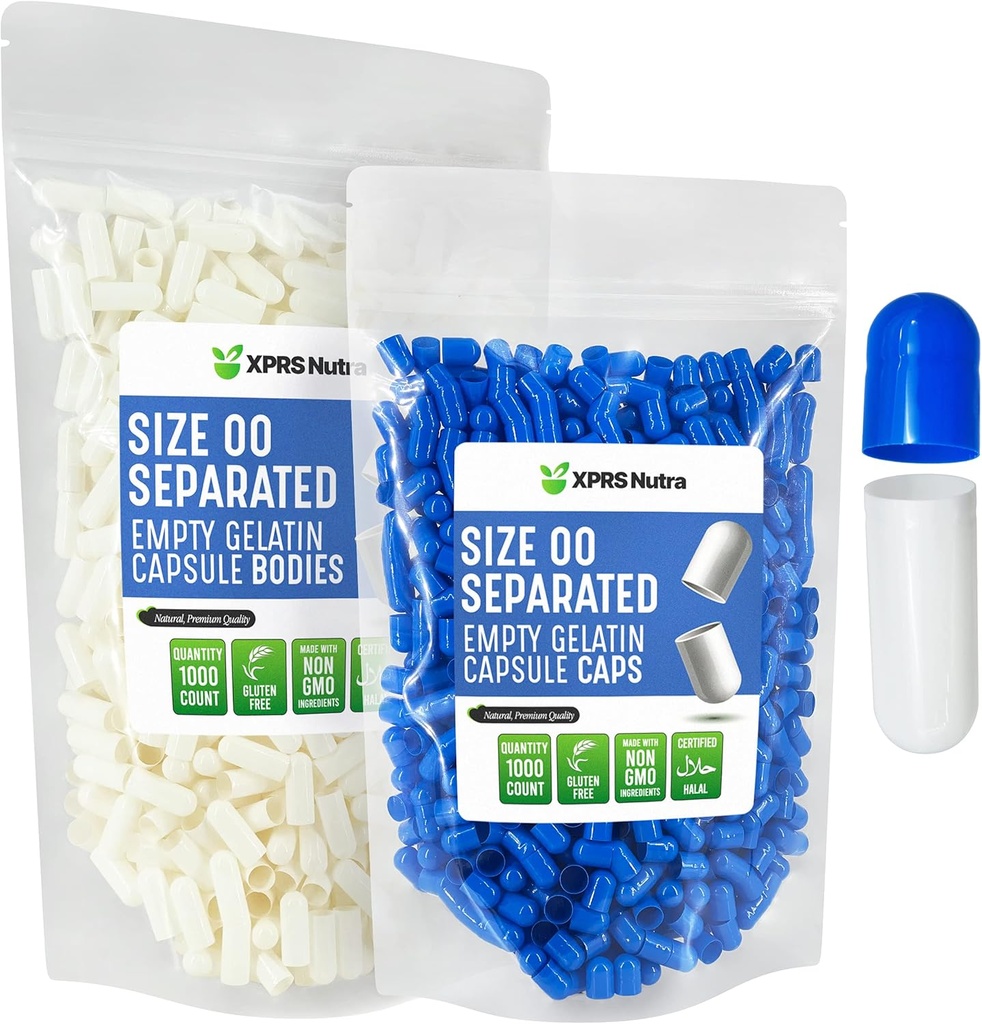 XPRS Capsule separate Nutra Dimensiune 00-1000 Capsule gelatinoase goale separate în pungi - Premium goale 00 pastile pentru umplere suplimentară DIY (alb/alb)