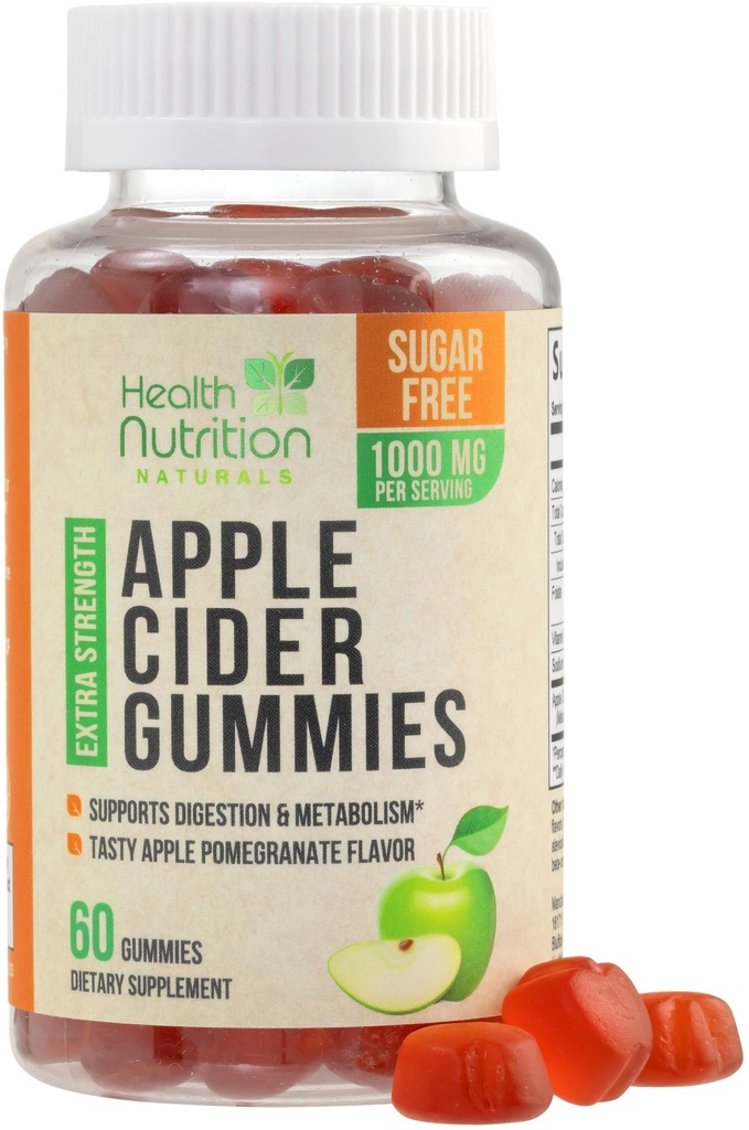 Apple Cidru Otet Gumries 1000mg - Max Putere de zahăr fără ACV Gummy Vitamine, Suportă Metabolism & Energy, Keto Friendly, Vitamina B12, Gelatină-Free, Gluten-Free, Vegan & Non-GMO - 60 Gummies
