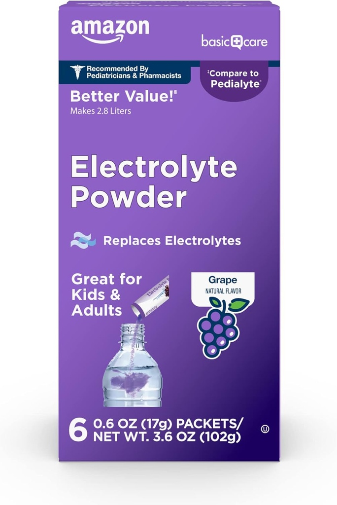 Îngrijire de bază Pachete cu pulbere electrolit pentru rehidratare pentru copii și adulți, Aroma de struguri, 6 Count (Pachet de 1)