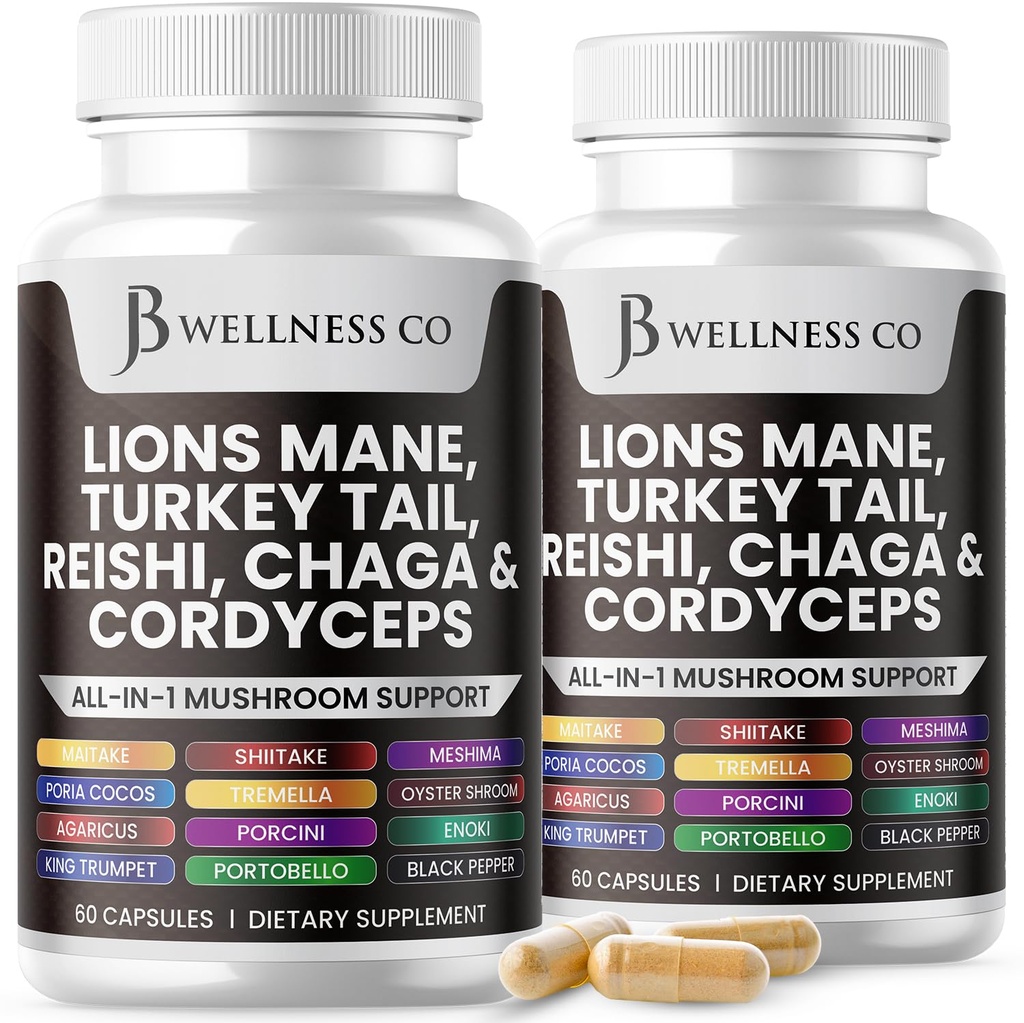 Lions Mane Supliment Cognitive Supplement, Immune Health with Turkey Tail 20in1 Mushroom Reishi Cordyceps Chaga with Marshmallow Root - 120 Count