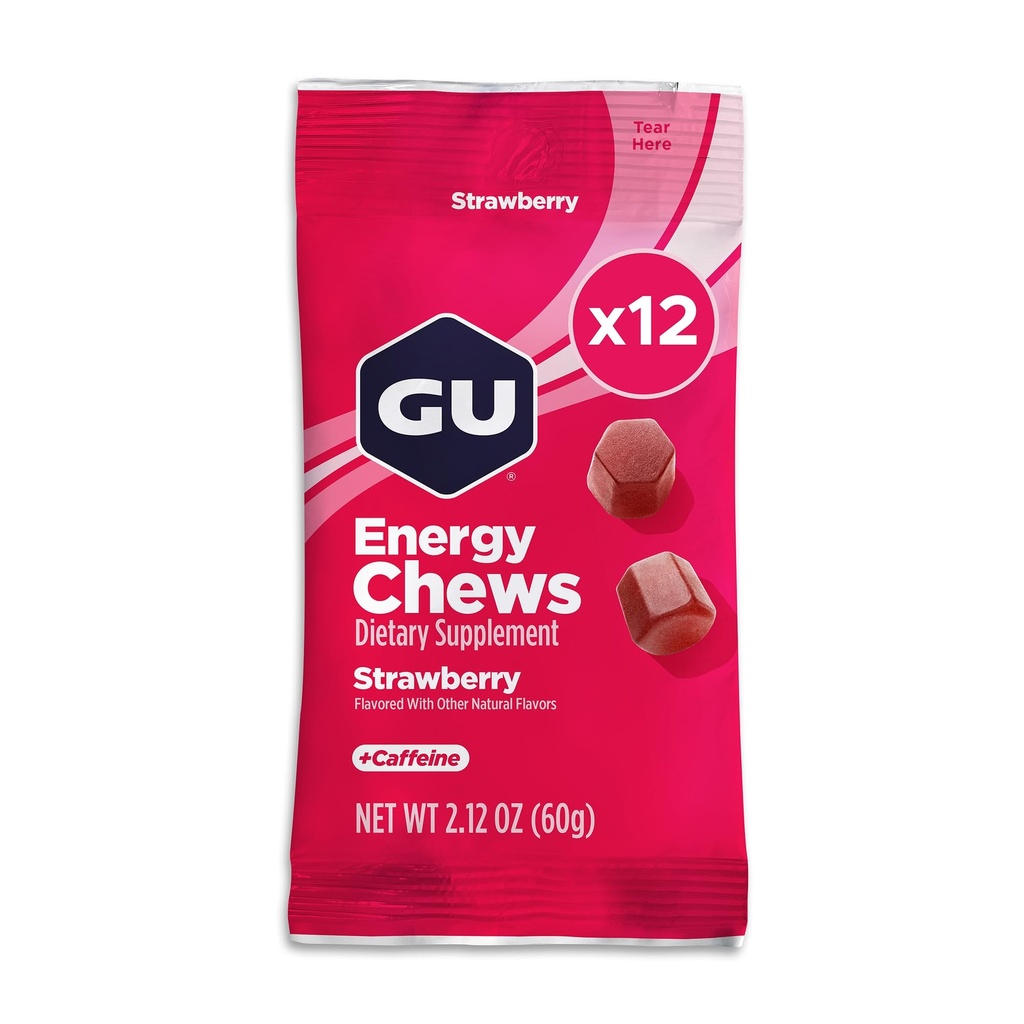 Gume energetice GU, gume de energie căpșuni cu electroliți, Vegan, gluten-free, Kosher, 20 mg de cofeină, și lactate-free energie pe-the-Go pentru orice antrenament, 12 pungi (24 Servings Total)
