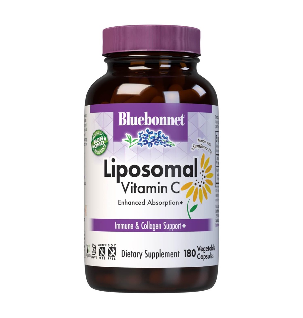BlueBonnet Nutrition Liposomal Vitamina C 1000 mg, Made with Flower Oil, Immune & Joint Comfort*, Vegan, Kosher, Non-GMO, Gluten-Free, Soy-Free Milk-Free, 180 Capsule vegetale, 90 Servings