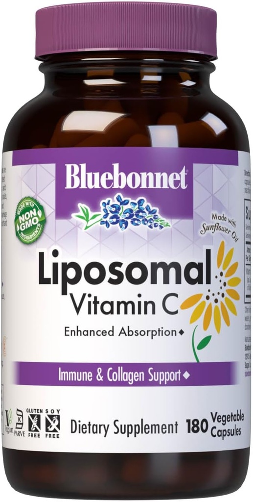 BlueBonnet Nutrition Liposomal Vitamina C 1000 mg, Made with Flower Oil, Immune & Joint Comfort*, Vegan, Kosher, Non-GMO, Gluten-Free, Soy-Free Milk-Free, 180 Capsule vegetale, 90 Servings
