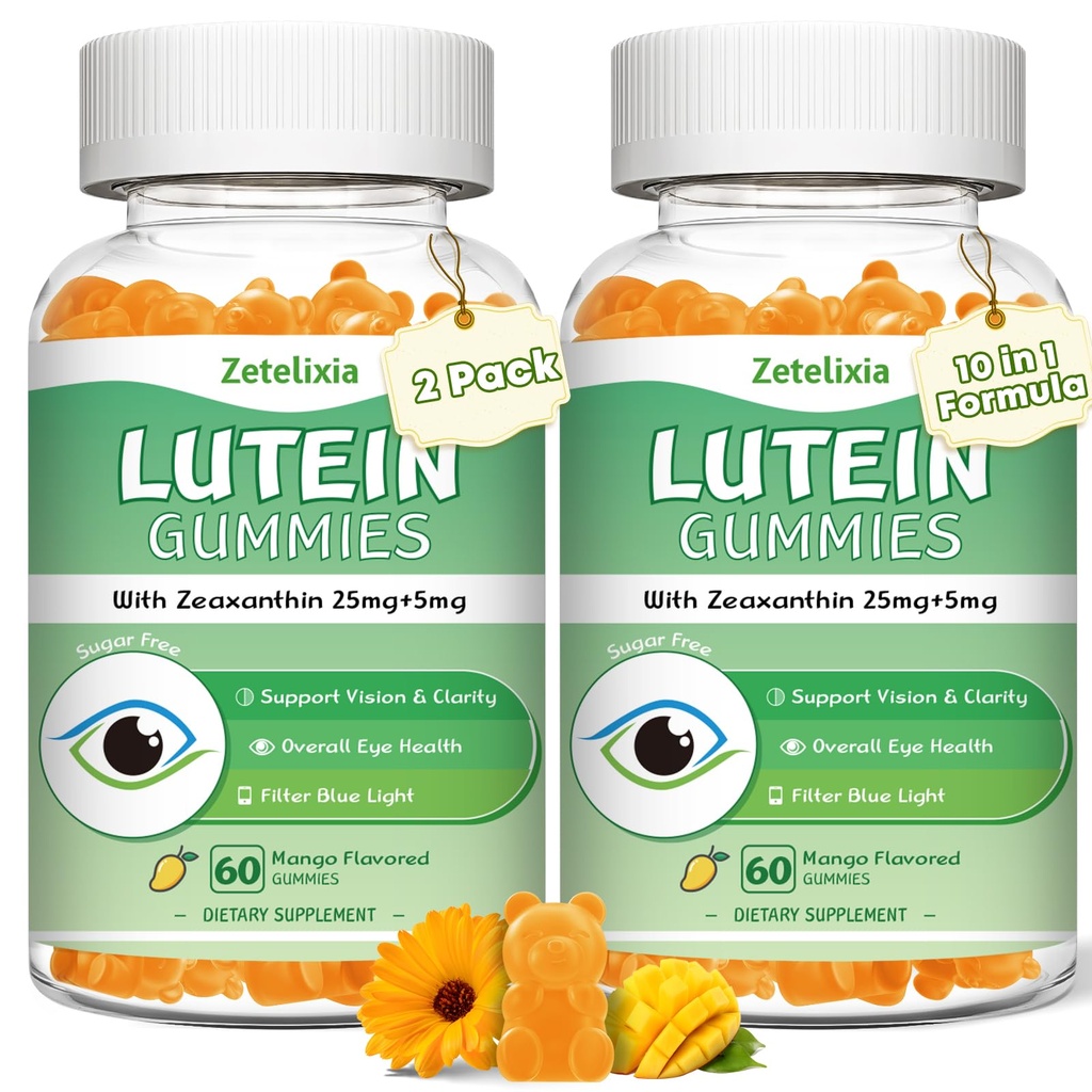 2 ambalaj Lutein Gummies 25mg, zahăr gratuit Lutein Zeaxanthin Suplimente Gummies, Suplimentul pentru sănătatea ochilor pentru adulți, vitamine ochi Lutein pentru vedere și protecție albastru lumină, aroma de Mango, 120 Conte