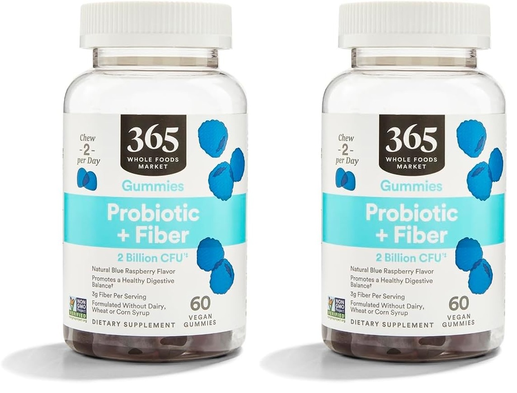 365 de Whole Foods Market, Gummies Probiotic Fiber 2 Bill Blue Raspberry, 60 Count (Pachet de 2)