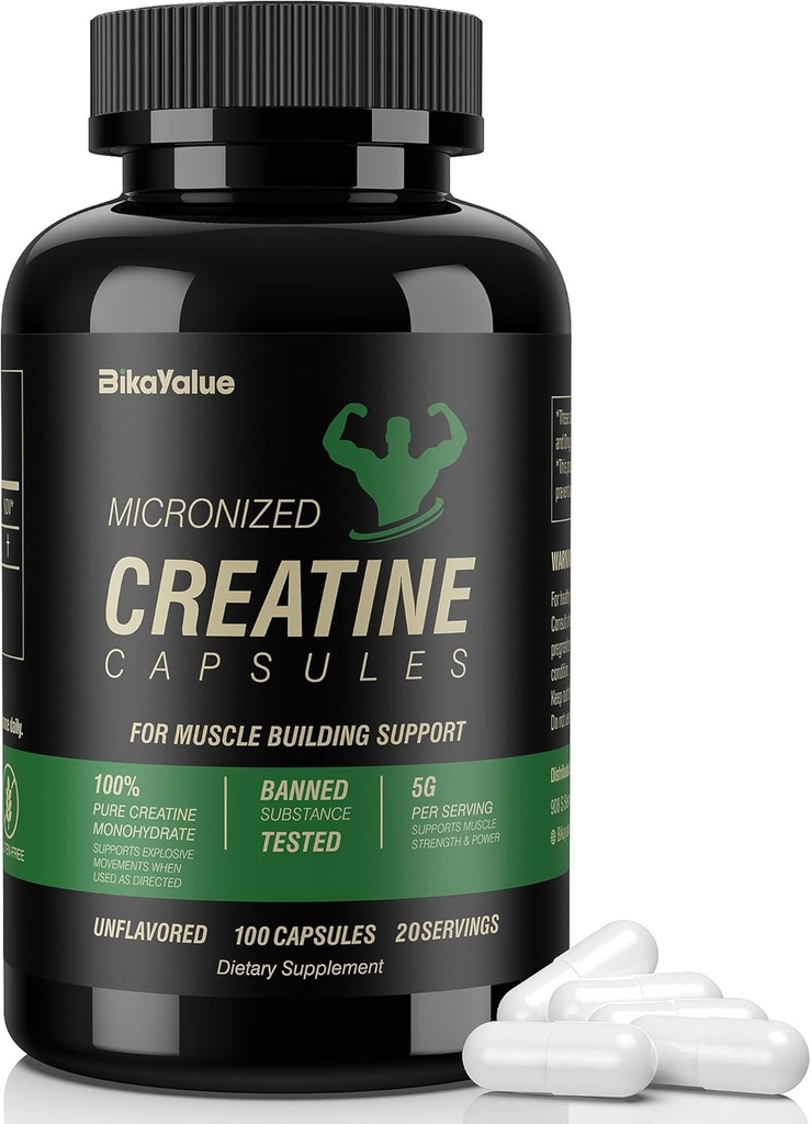 Capsule Micronitizate Creatin Monohidrat, Creatine Capsule Supliment pentru musculare, Putere, Performanță, Energie, Recuperare, Creatură fără gluten pentru femei și bărbați, 100Capsule (20 Serviri)