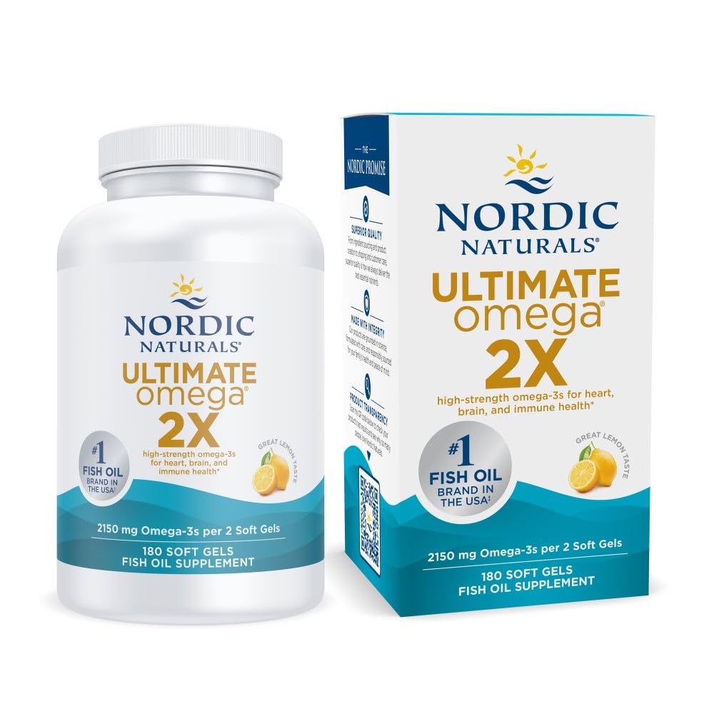 Nordic Naturals Ultimate Omega 2X, Aroma de lamaie - 180 Geluri Soft - 2150 mg Omega-3 - Ulei de pește cu potențial ridicat cu EPA & DHA - Promovează sănătatea creierului și a inimii - Non-GMO - 90 Servings
