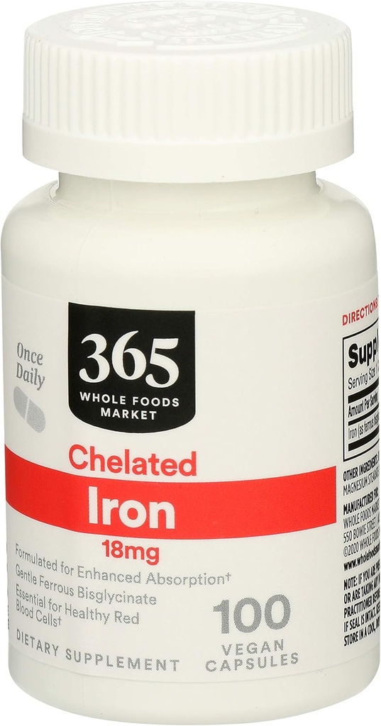 365 de Whole Foods Market, Iron Chelated 18Mg, 100 Veg Capsule (Pachet de 2)