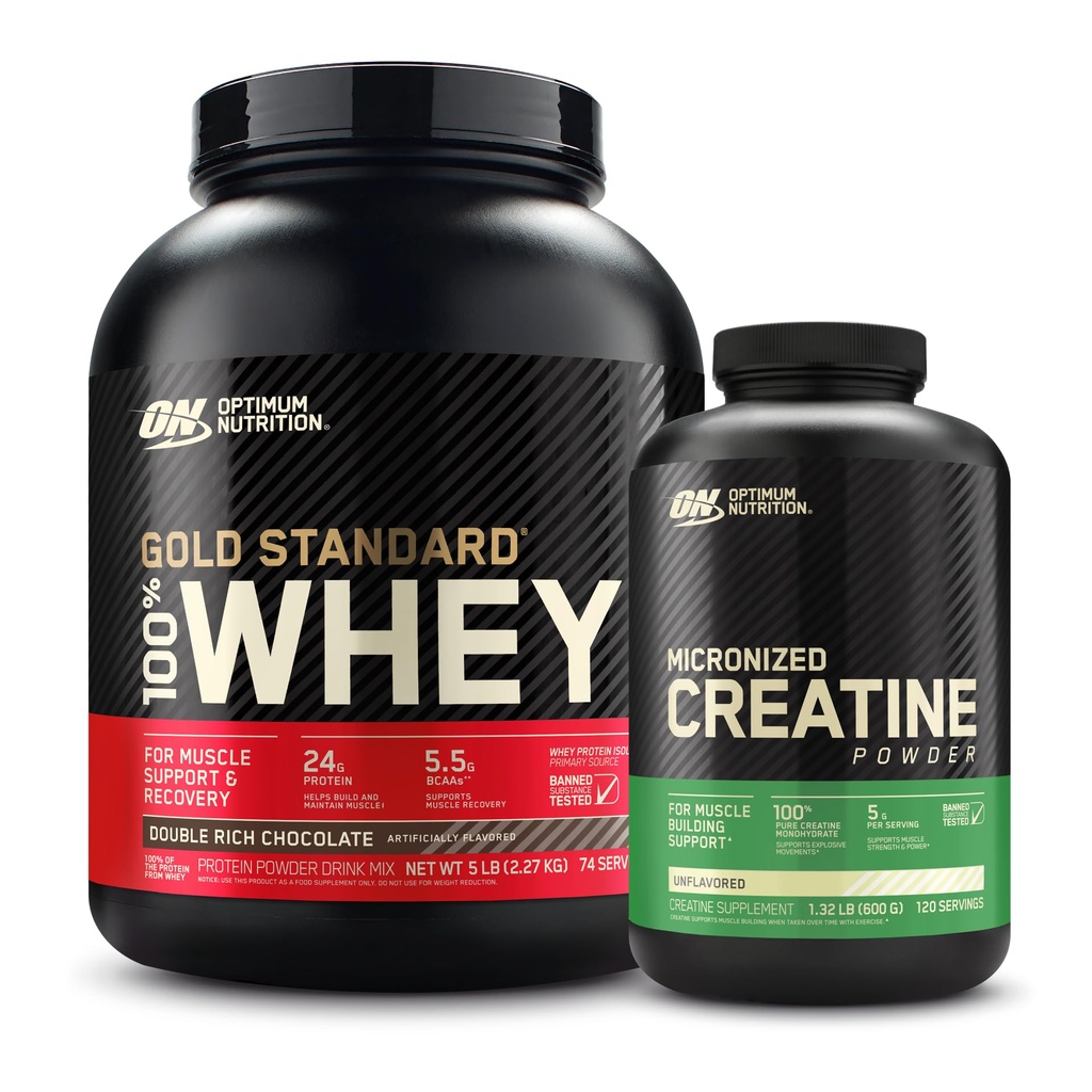 Optimum Nutriție 100% Gold Standard Whey Pulbere de proteine: Double bogat ciocolată (5 Lire) cu Micronized Creatin Monohidrat pulbere, Nearomat (120 Servings) - Bundle Pack