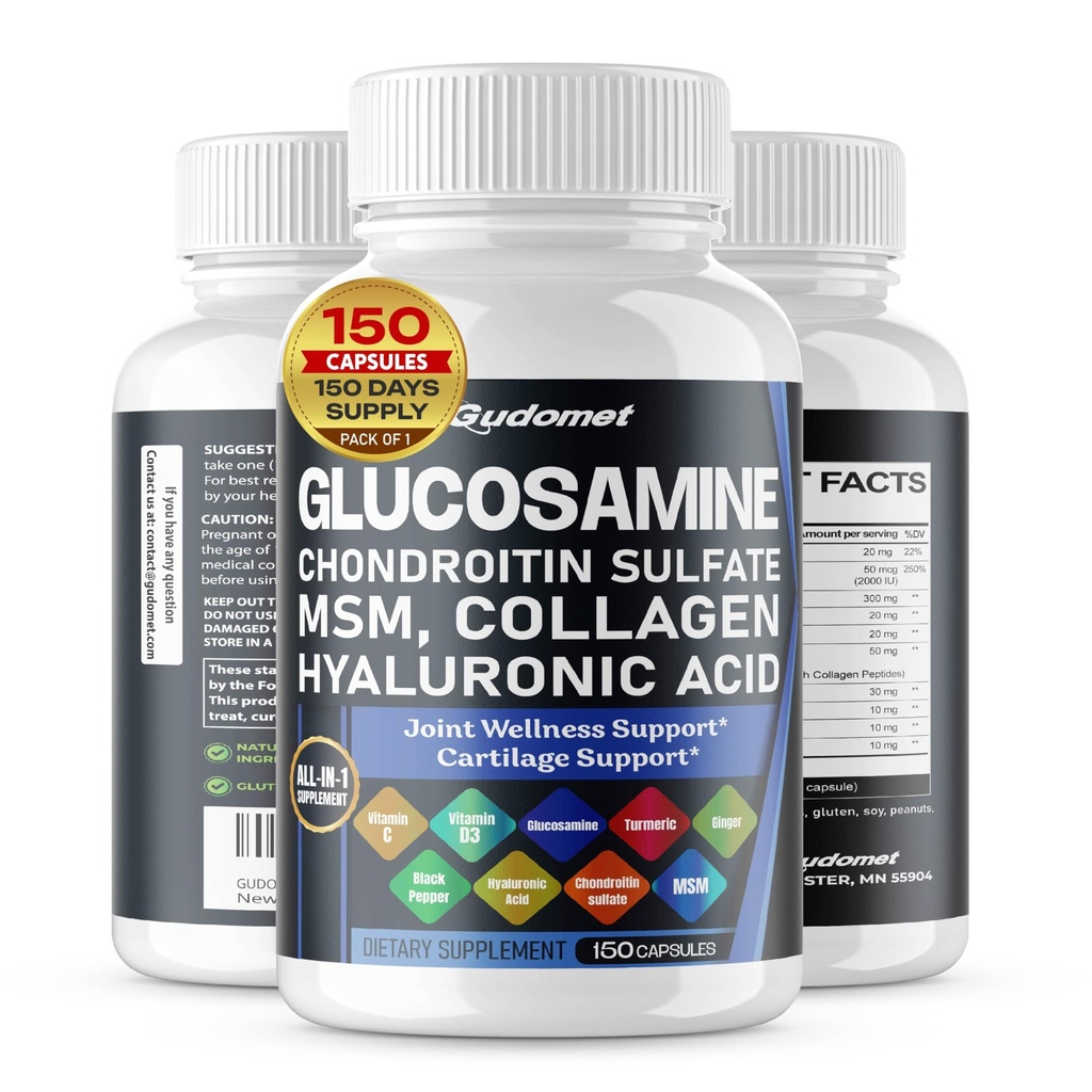 Glucosamină Condroitin sulfat metilsulfonilmetan Acid hialuronic Acid Turmeric Ginger Vitamina C, D3, Pepper negru -150 Capsule - Made in USA