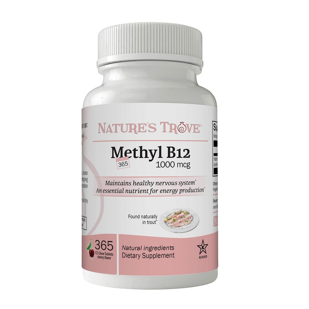 Trove Vitamina B12 Metilcobalamină 1000 mcg, 365 Conte, B12 Vitamine masticabile, Aroma de cireșe