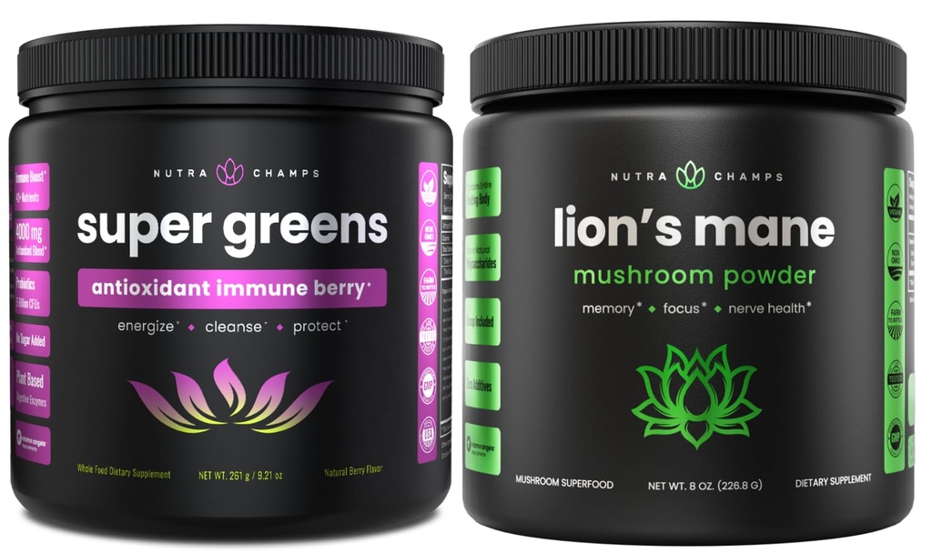 NutraChamps Super Greens Antioxidant & Lion's Mane Powder. Suport Digestiv, Imunitate & Adaptogen