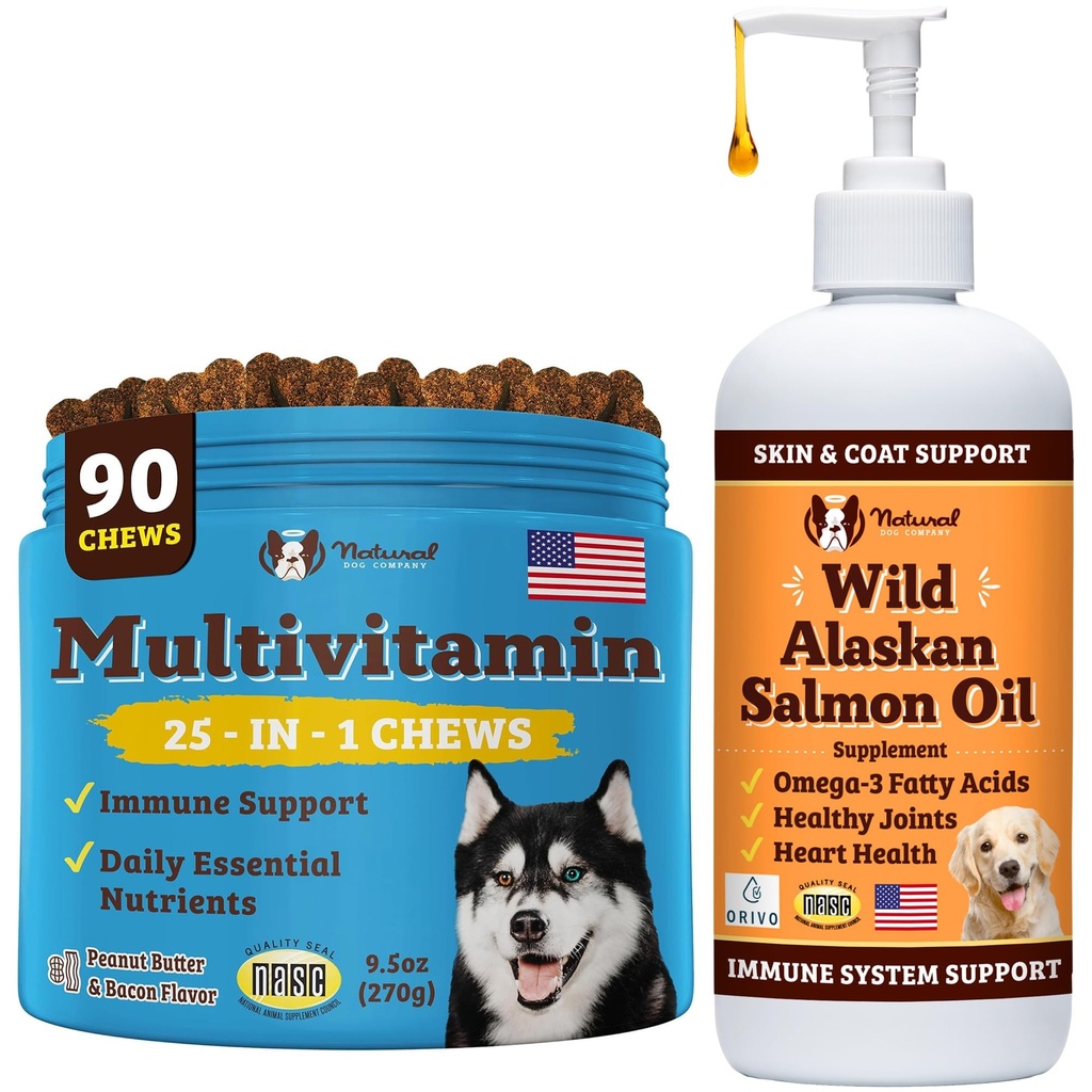 Natural Dog Company Wellness Bundle pentru câini, ulei de somon pentru câini, multivitamine și Supliment, Mâncărime Ajutor