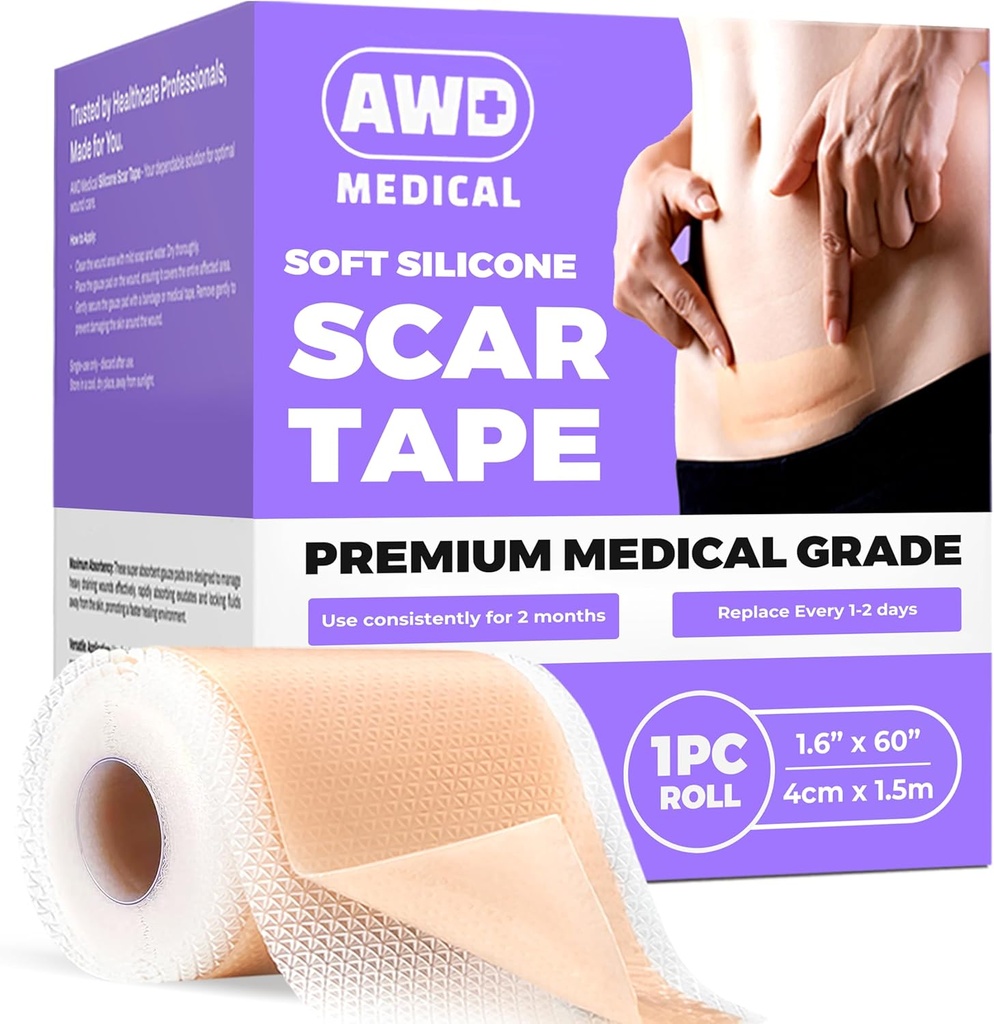 AWD Silicon foi cicatrice pentru cicatrici chirurgicale - fără sudură grad medical Silicon Cicatrice bandă pentru secțiunea C, Tummy Tuck bandă - Silicon patch-uri de piele după chirurgie trebuie să aibă (1,6" x 60" Roll fără sudură)